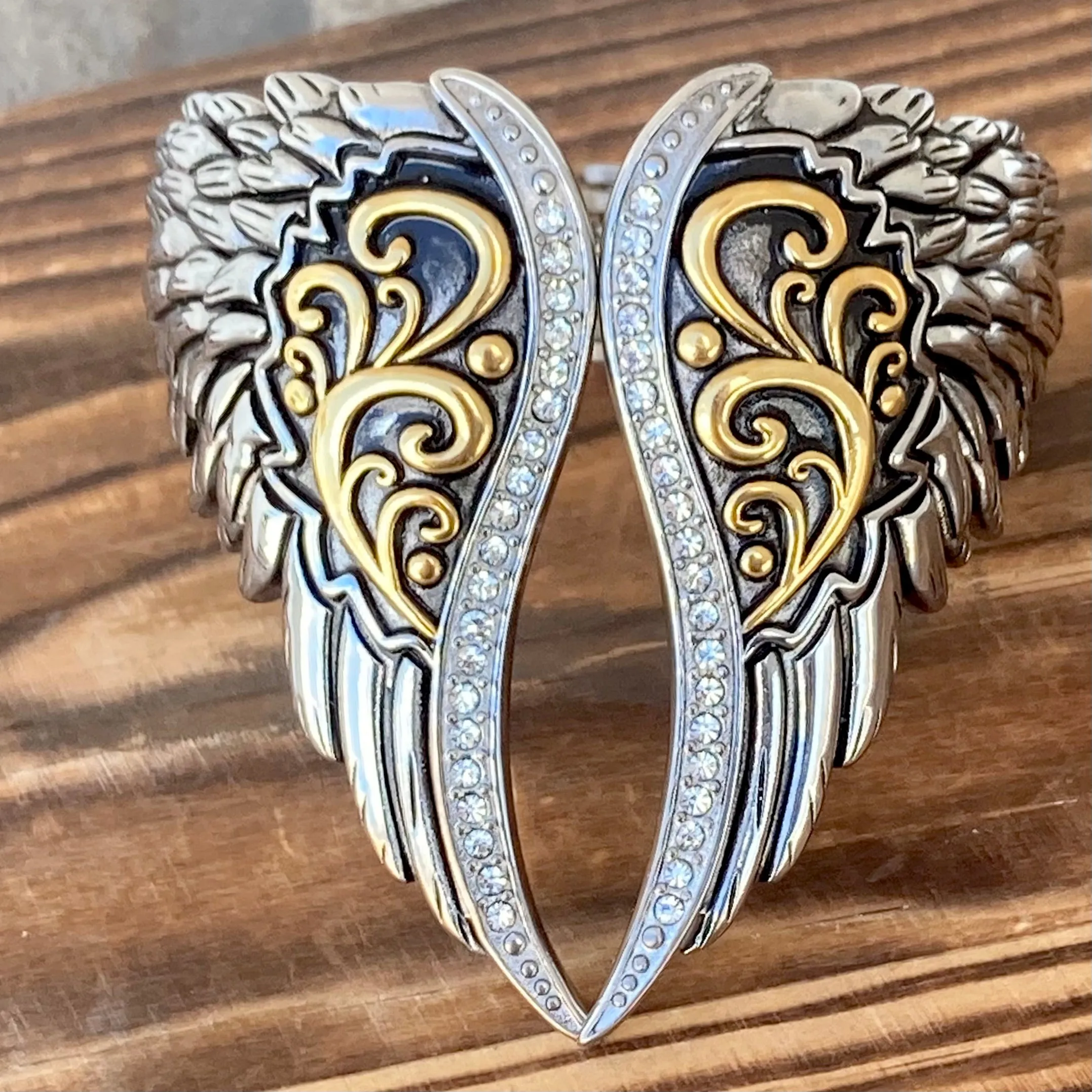 Angel Heart Wing Bracelet - Silver & Gold - Double Wing  Cuff - Crystal Stone - AW03