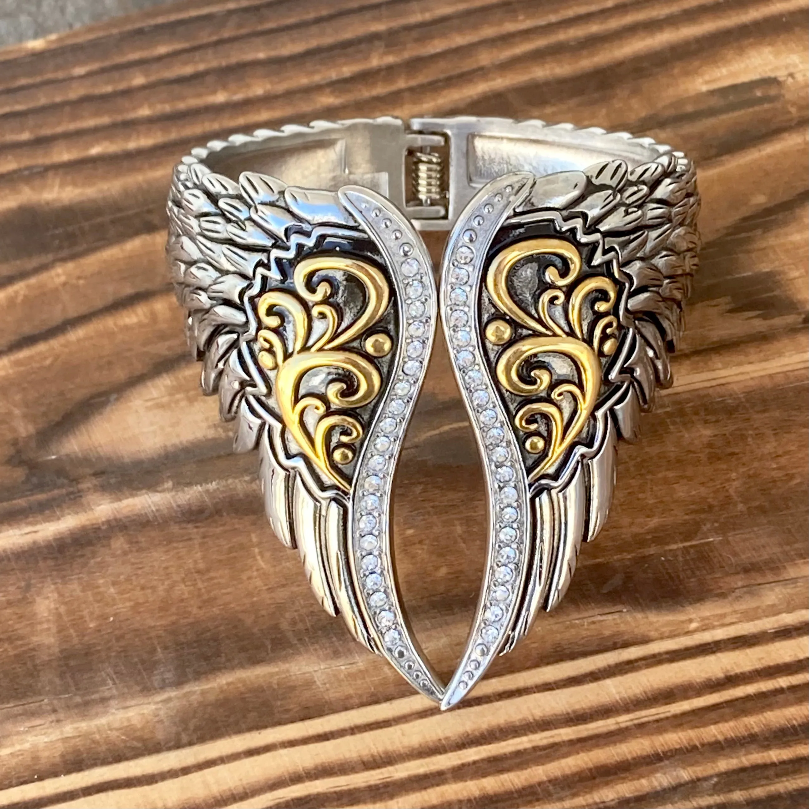 Angel Heart Wing Bracelet - Silver & Gold - Double Wing  Cuff - Crystal Stone - AW03