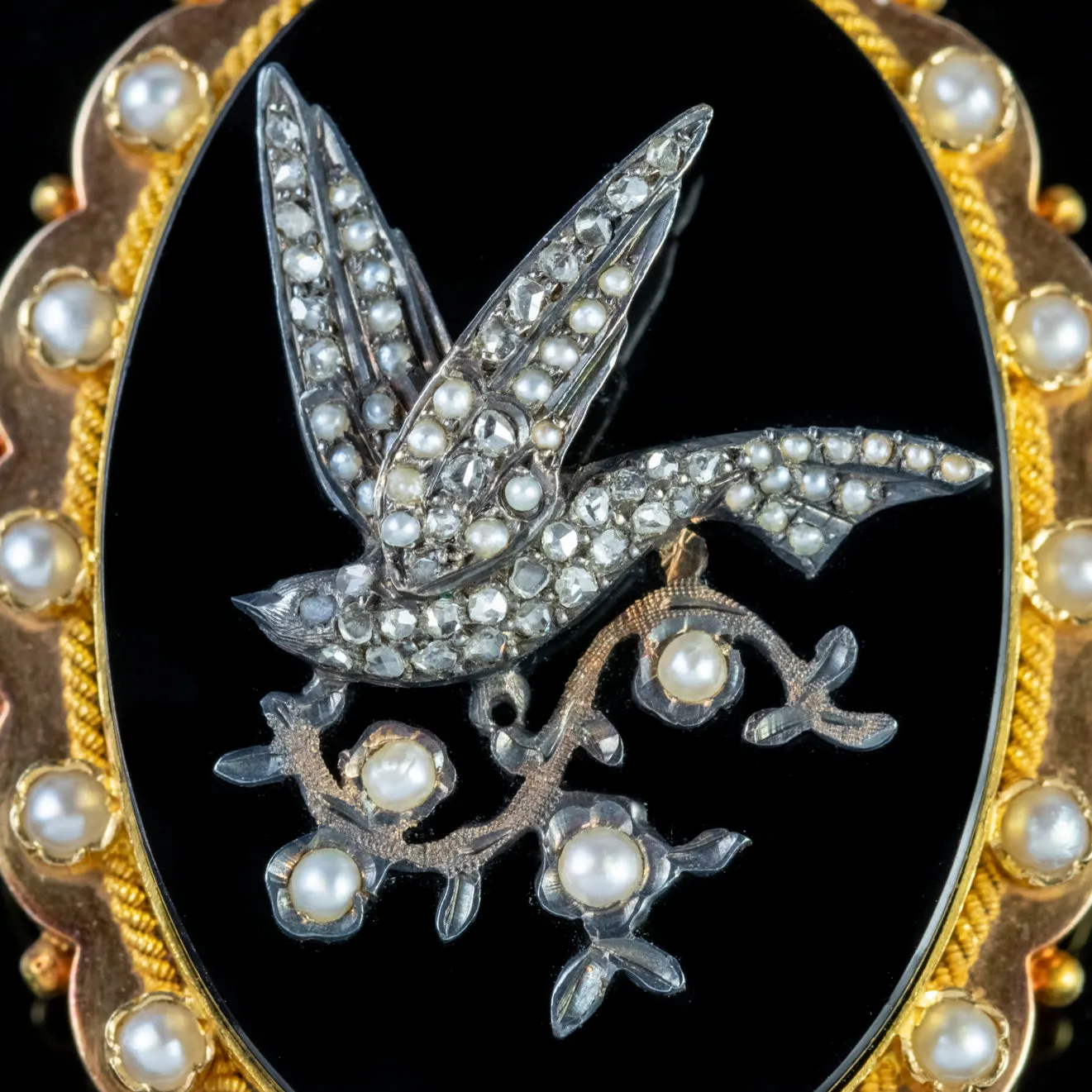 Antique Victorian Dove Locket Onyx Diamond Pearl 18Ct Gold Circa 1880