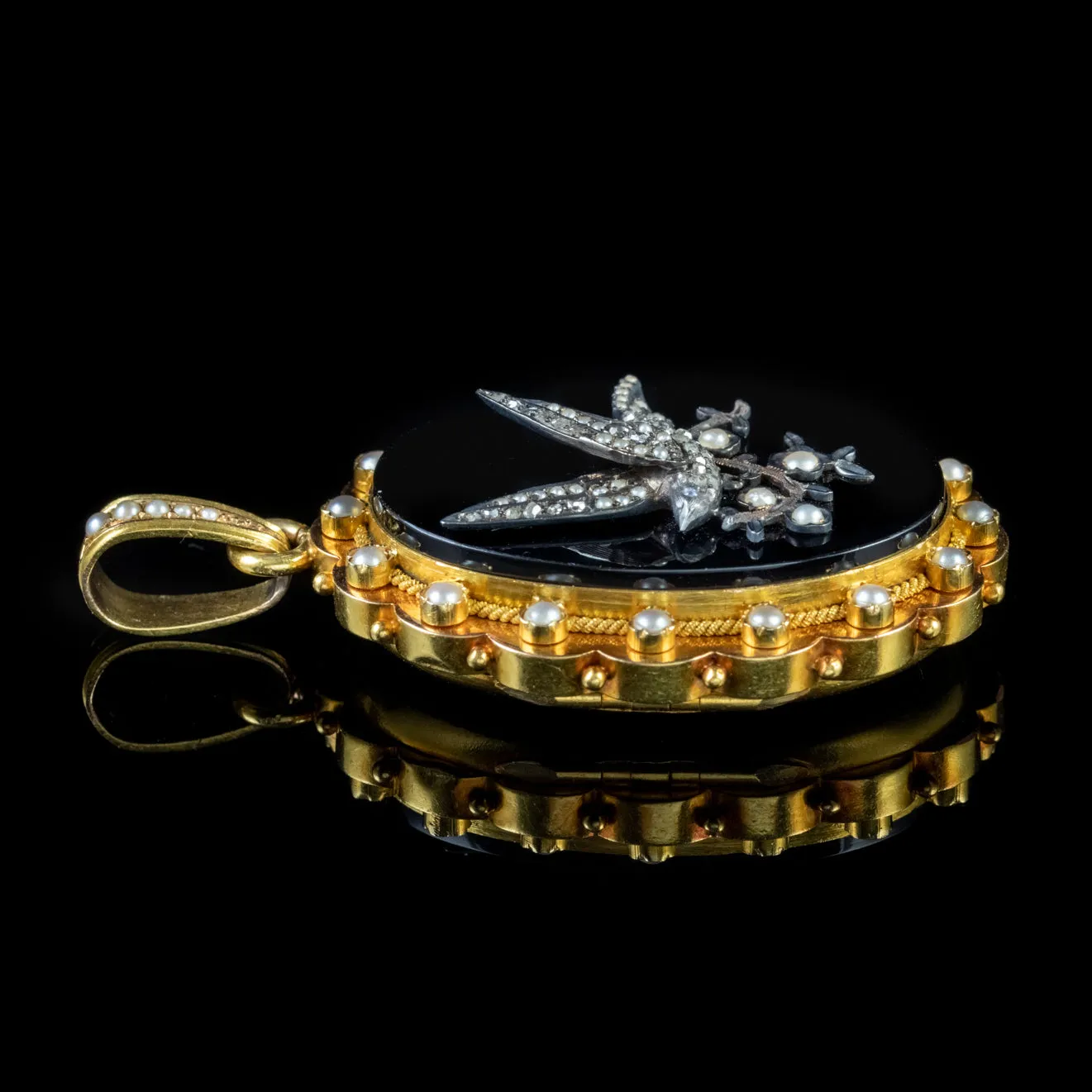 Antique Victorian Dove Locket Onyx Diamond Pearl 18Ct Gold Circa 1880