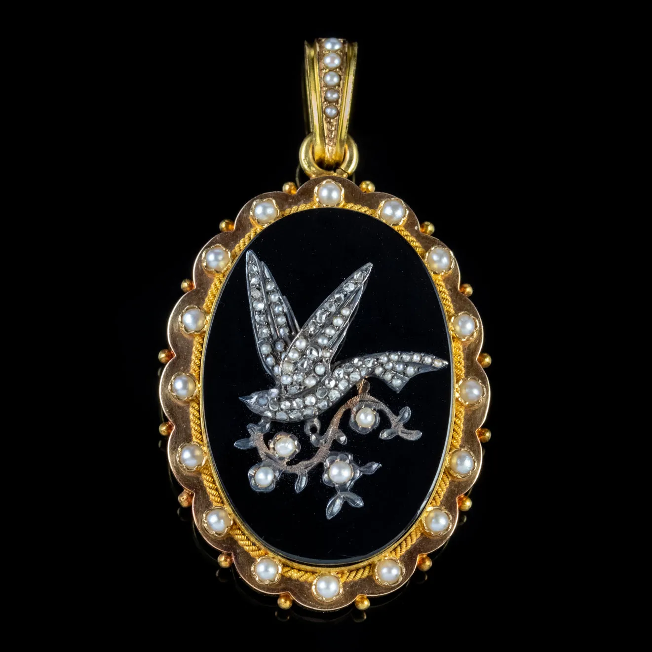Antique Victorian Dove Locket Onyx Diamond Pearl 18Ct Gold Circa 1880