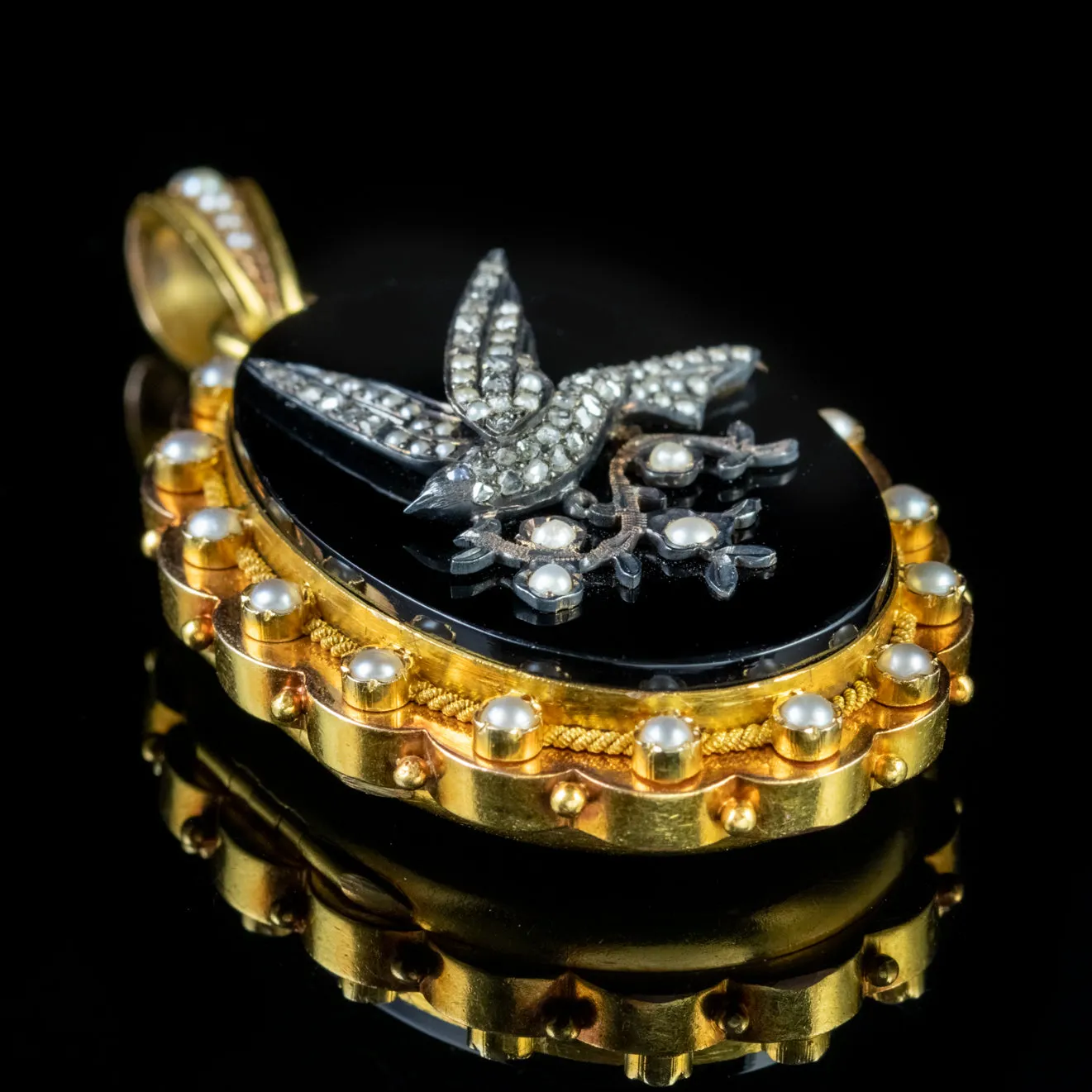 Antique Victorian Dove Locket Onyx Diamond Pearl 18Ct Gold Circa 1880