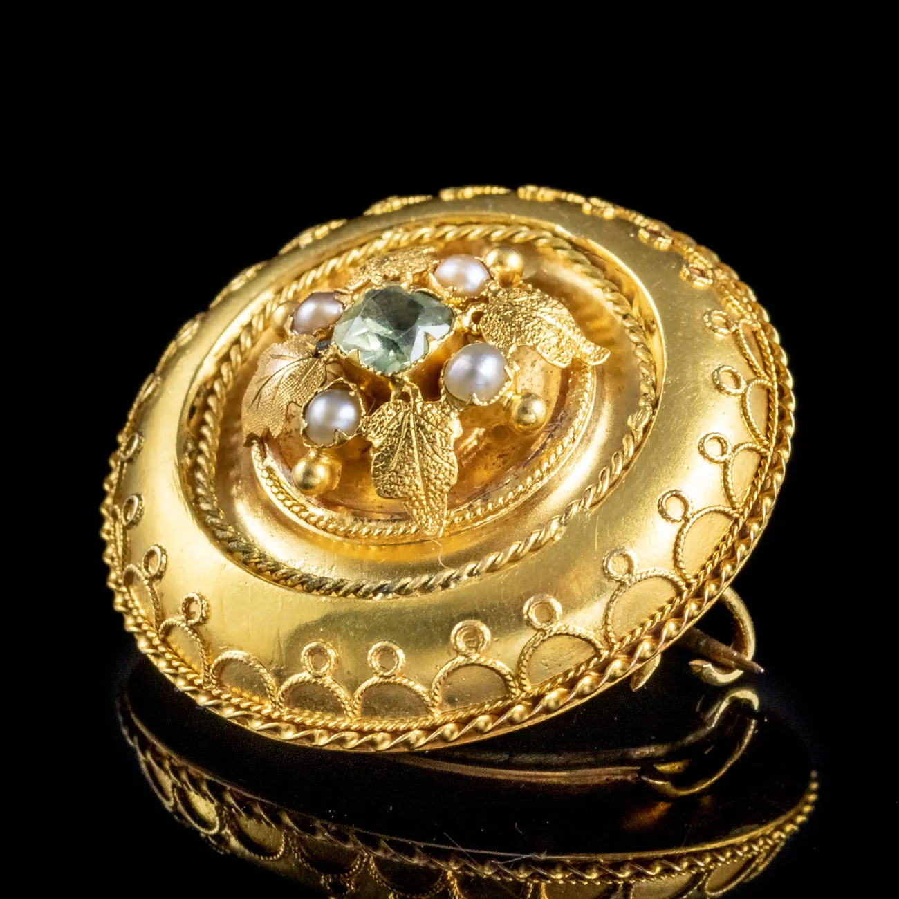 Antique Victorian Etruscan Chrysoberyl Pearl Brooch 18ct Gold With Box