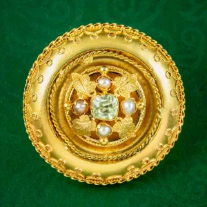 Antique Victorian Etruscan Chrysoberyl Pearl Brooch 18ct Gold With Box