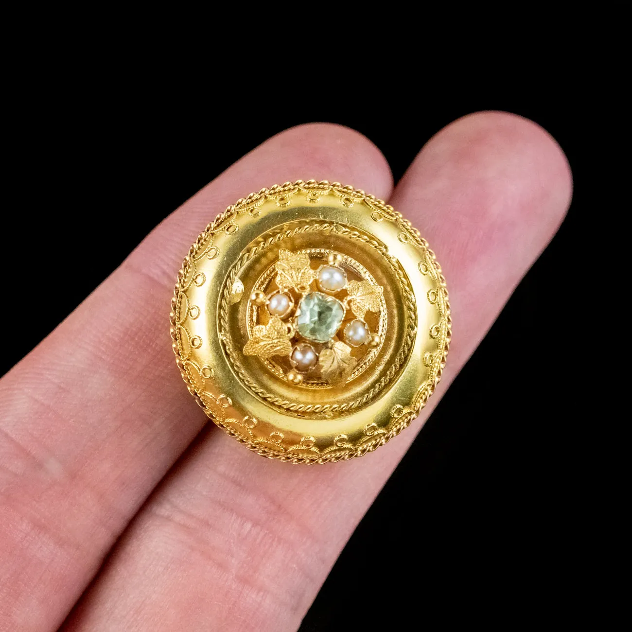 Antique Victorian Etruscan Chrysoberyl Pearl Brooch 18ct Gold With Box