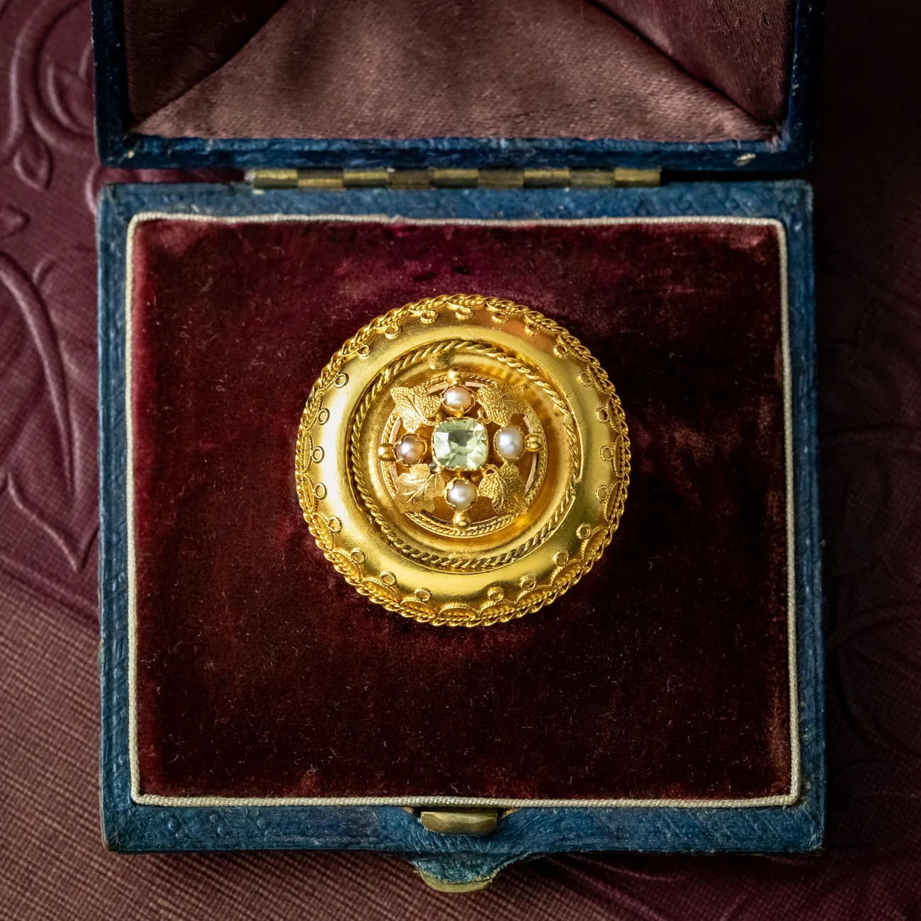Antique Victorian Etruscan Chrysoberyl Pearl Brooch 18ct Gold With Box