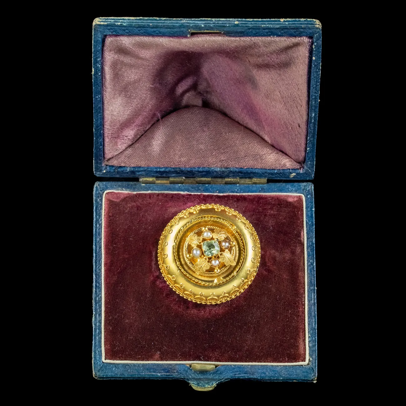 Antique Victorian Etruscan Chrysoberyl Pearl Brooch 18ct Gold With Box