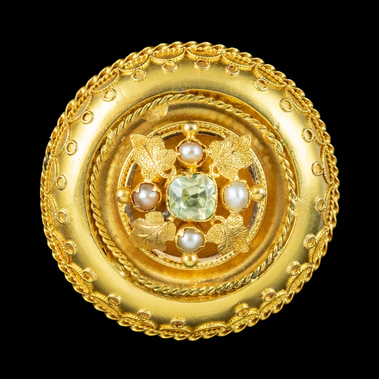 Antique Victorian Etruscan Chrysoberyl Pearl Brooch 18ct Gold With Box