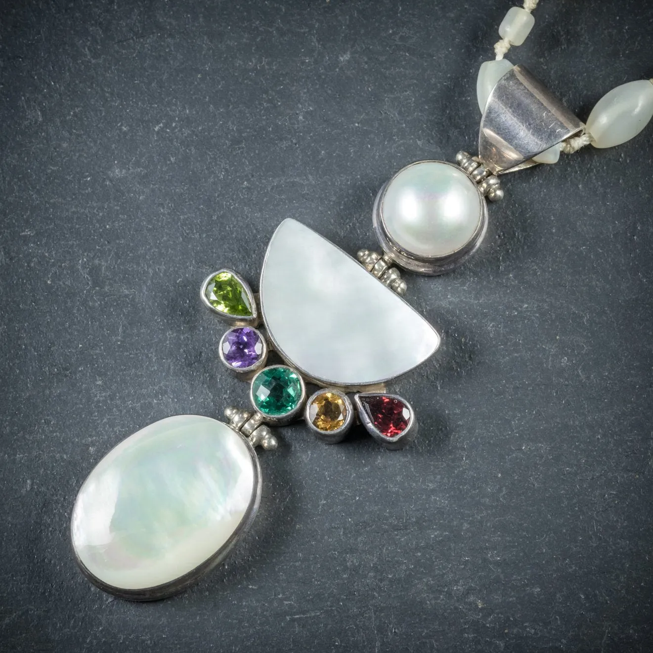 Art Deco Style Mother Of Pearl Pendant Necklace Silver