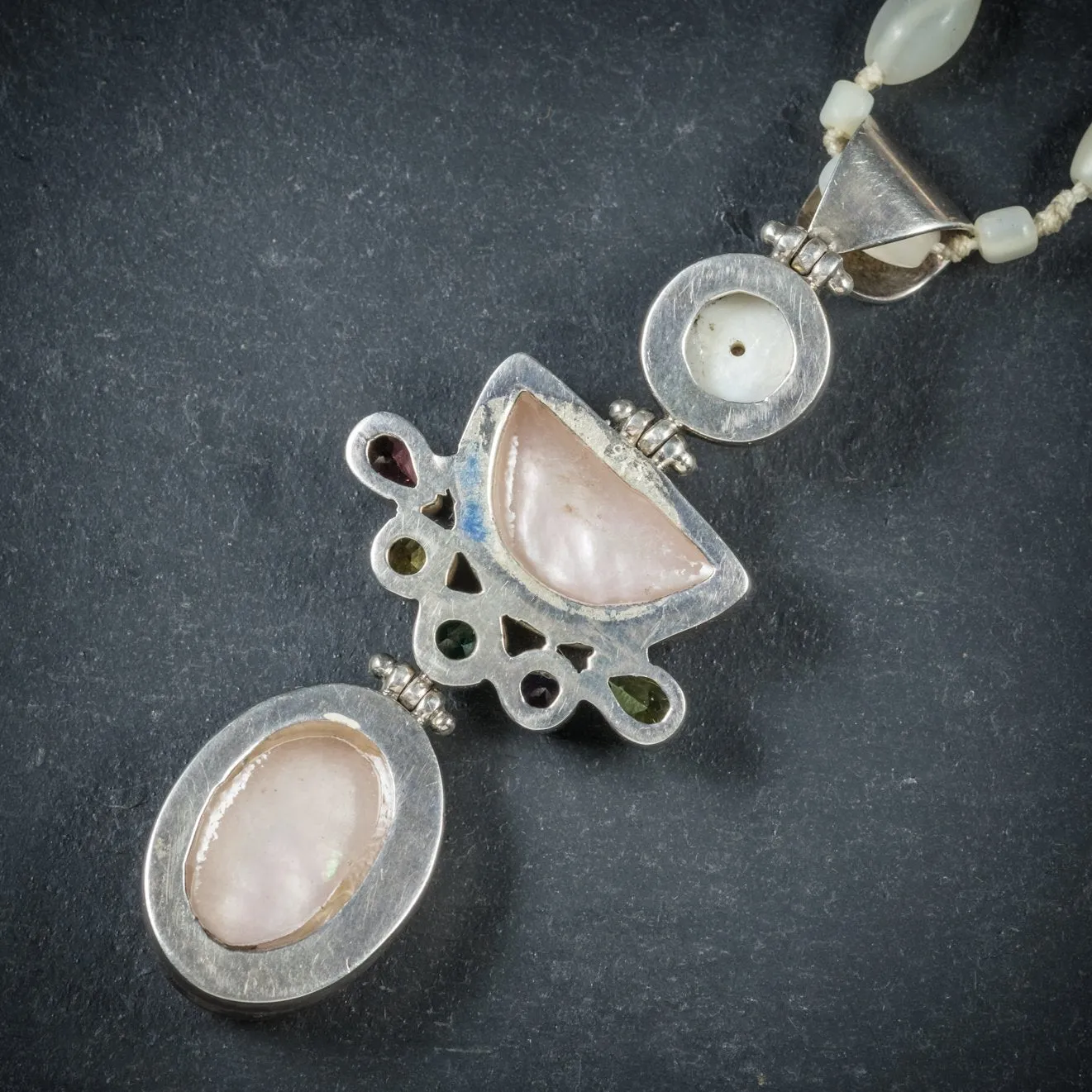 Art Deco Style Mother Of Pearl Pendant Necklace Silver