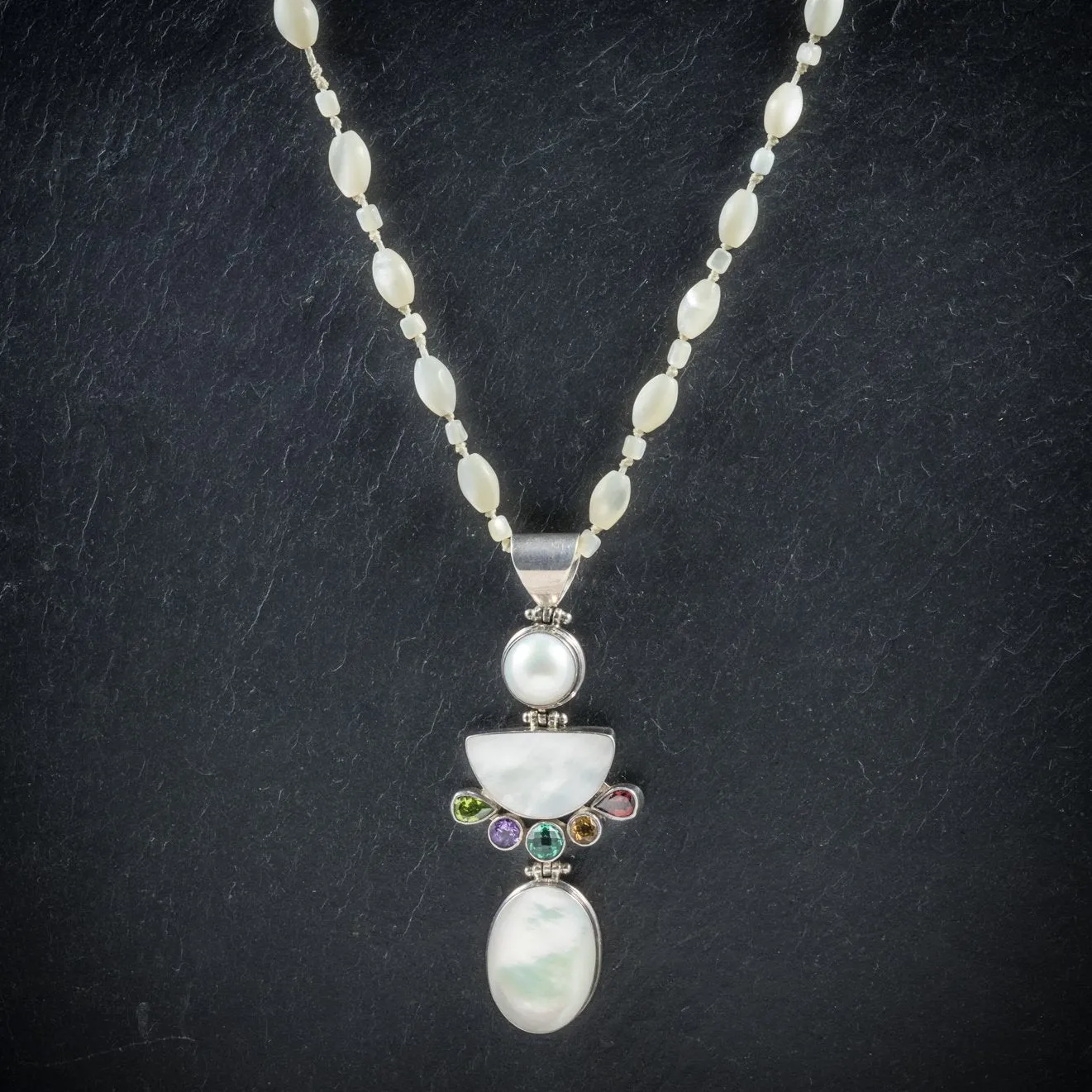 Art Deco Style Mother Of Pearl Pendant Necklace Silver