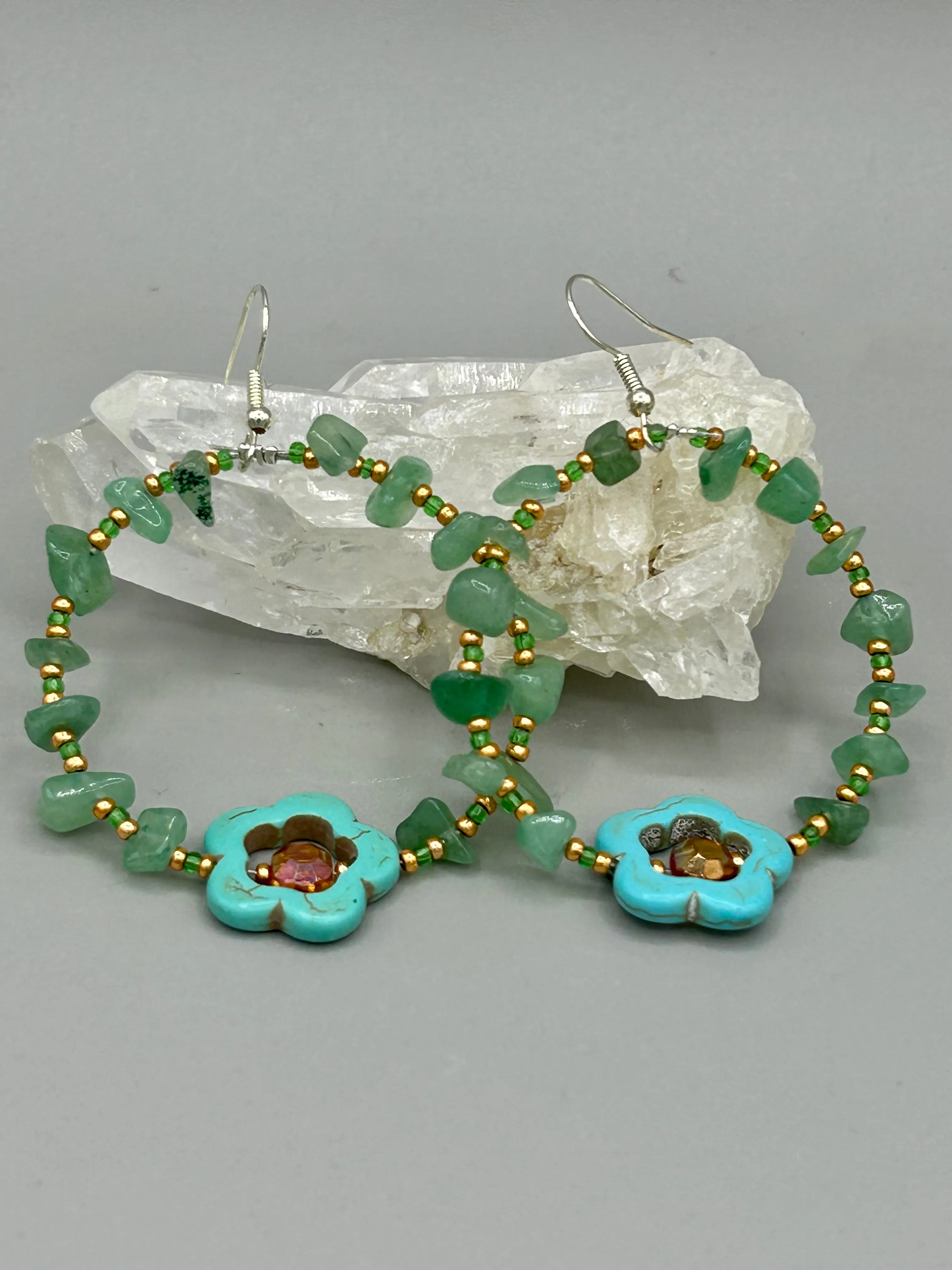Aventurine Natural Stone Chip Beaded Hoop Earrings, Hippie Vibe, Shabby Chic, Boho Chic, Nature Inspired, Bohemian