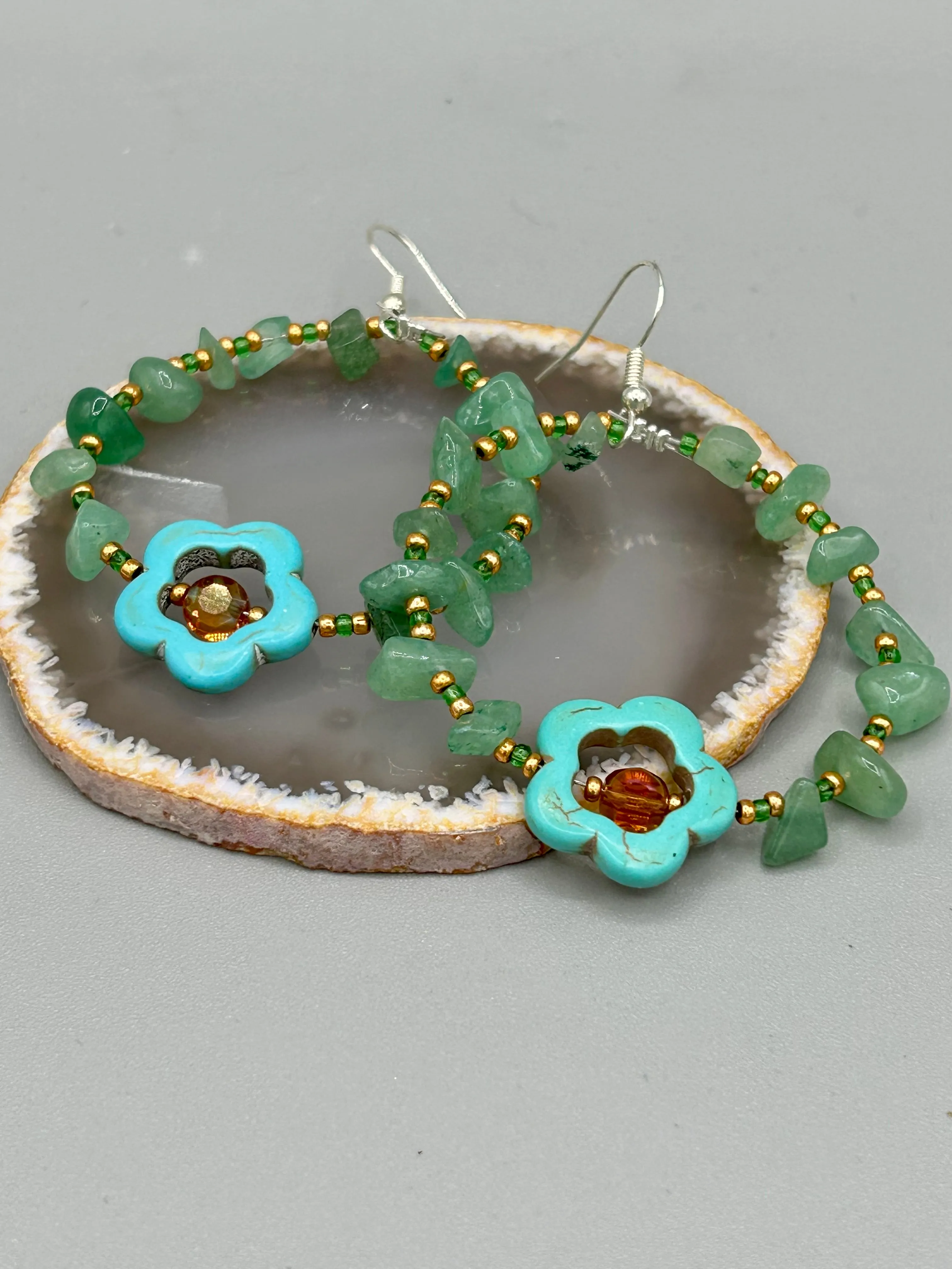 Aventurine Natural Stone Chip Beaded Hoop Earrings, Hippie Vibe, Shabby Chic, Boho Chic, Nature Inspired, Bohemian