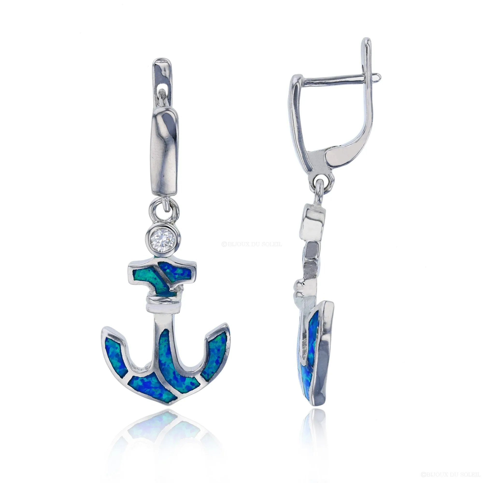 Bijoux Du Soleil Sterling Silver Rhodium Created Blue Opal & White CZ Anchor Dangling Fish Hook Earrings