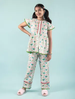 Bird Printed Girls Cotton Nightsuit with Eye Mask