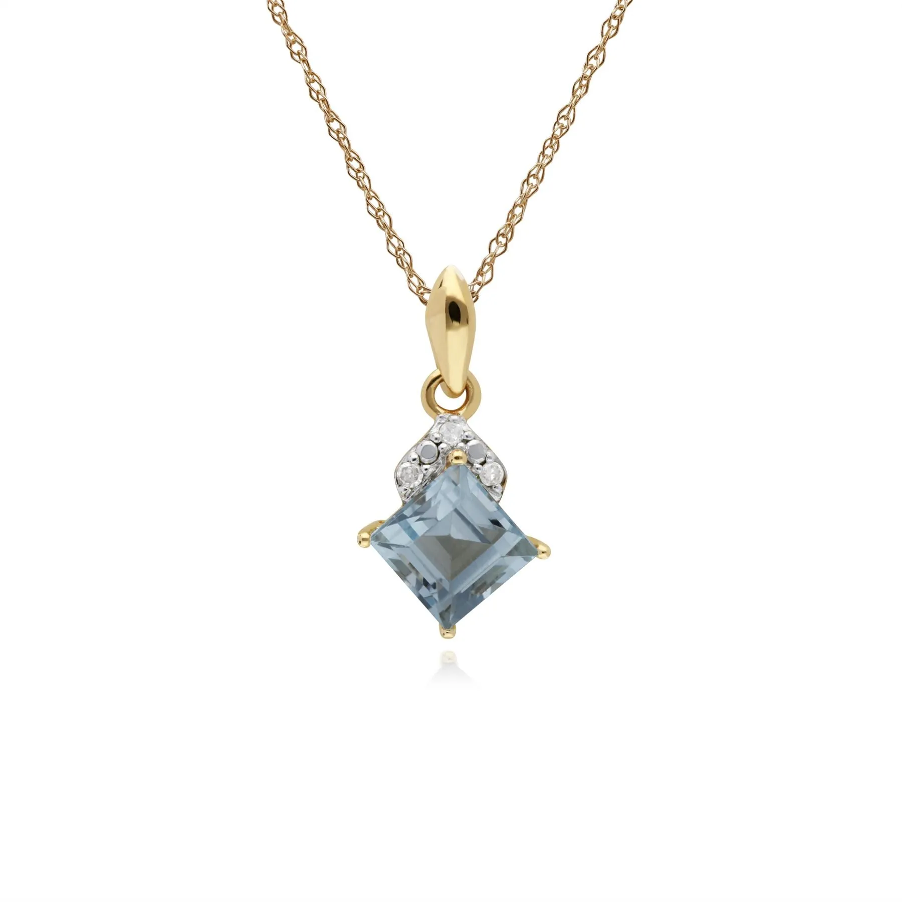 Blauer Topas Halskette, 9 Karat Gelbgold Blue Topas & Diamant Quadratischer Anhänger an 45cm Kette