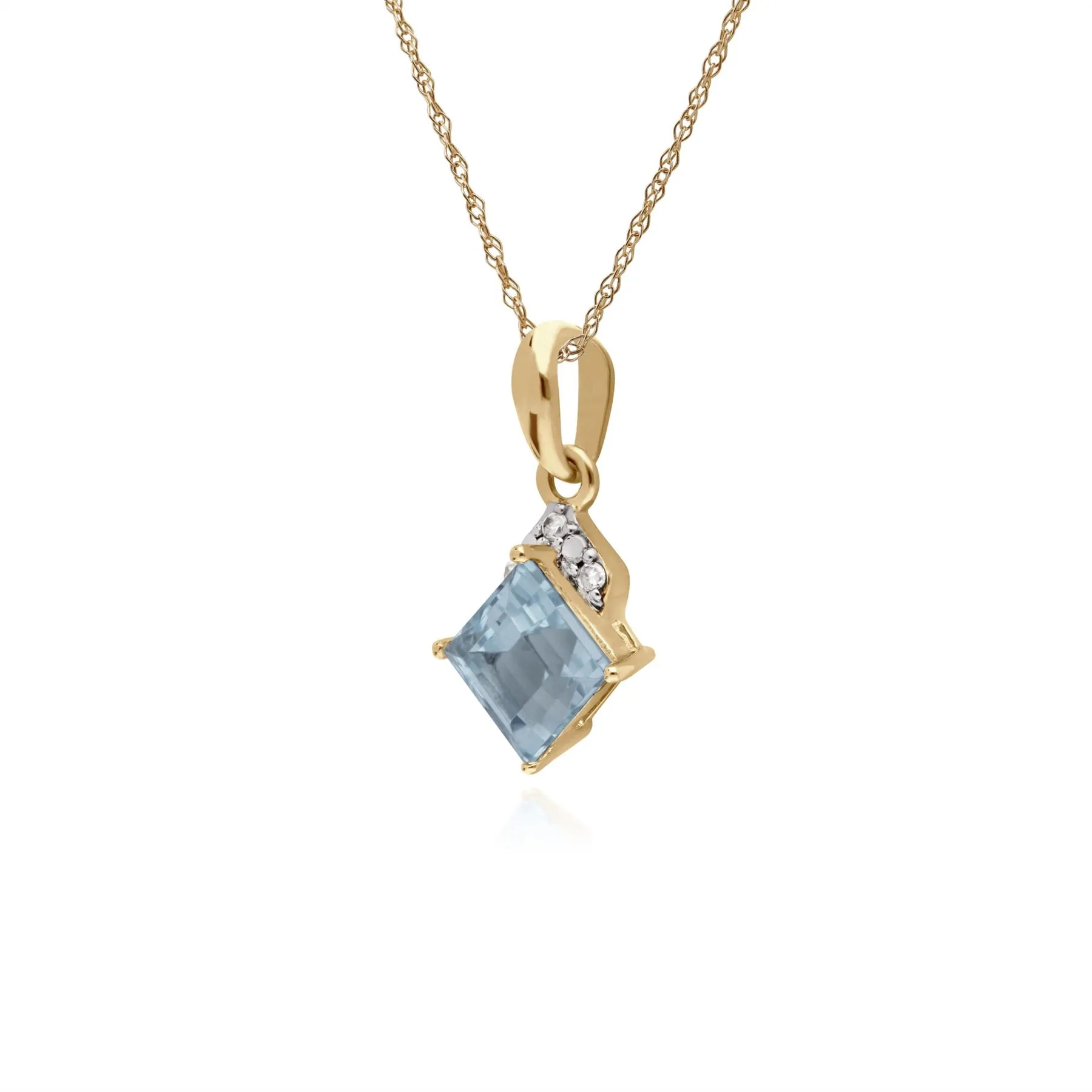 Blauer Topas Halskette, 9 Karat Gelbgold Blue Topas & Diamant Quadratischer Anhänger an 45cm Kette