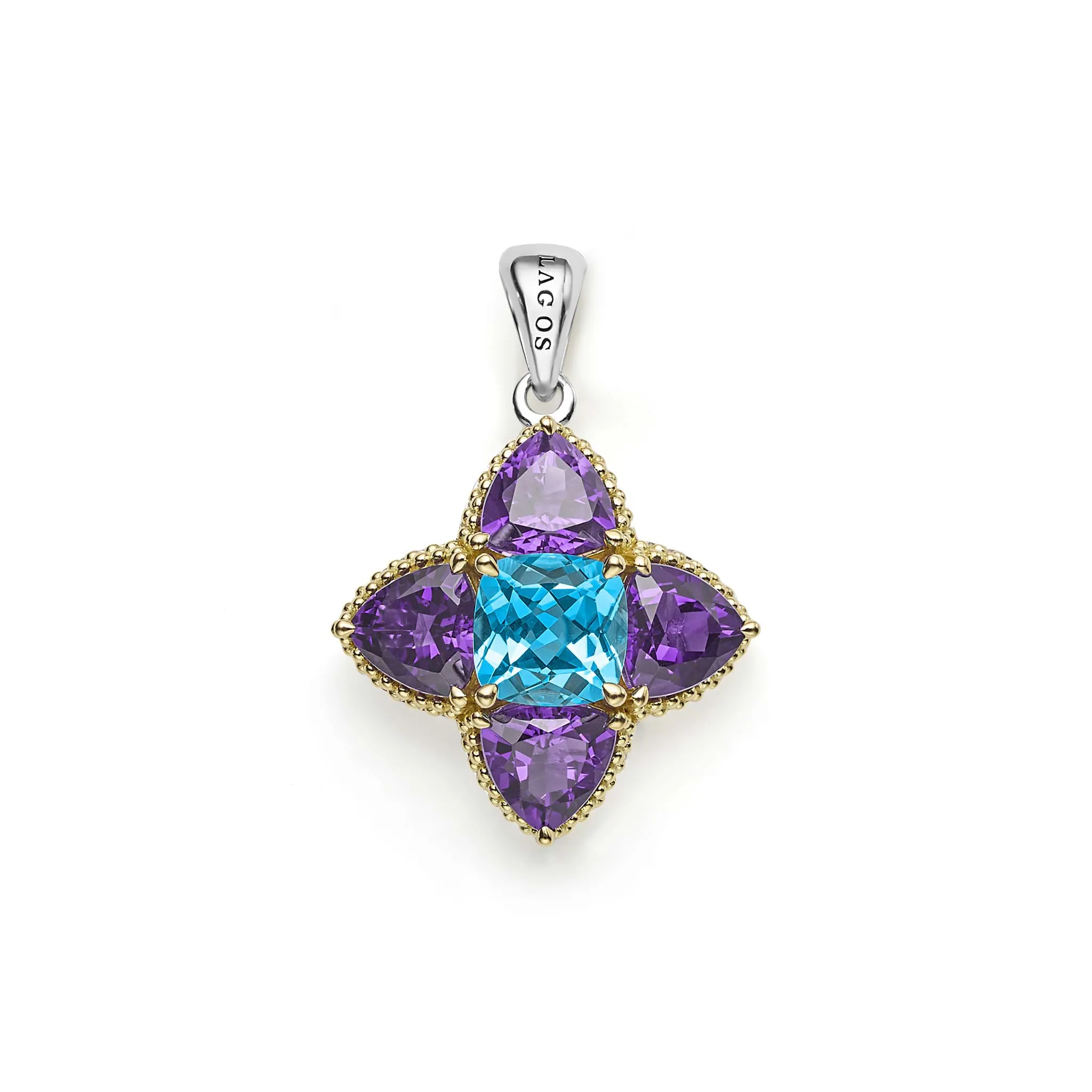 Caviar Color Two-Tone Amethyst and Swiss Blue Topaz Floral Pendant