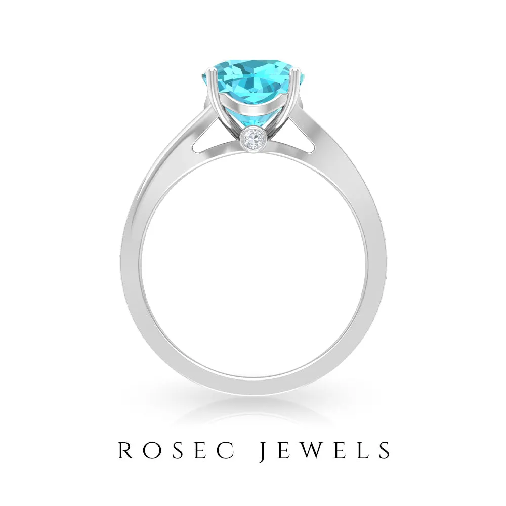 Cushion Cut Swiss Blue Topaz Solitaire Ring with Diamond Accent