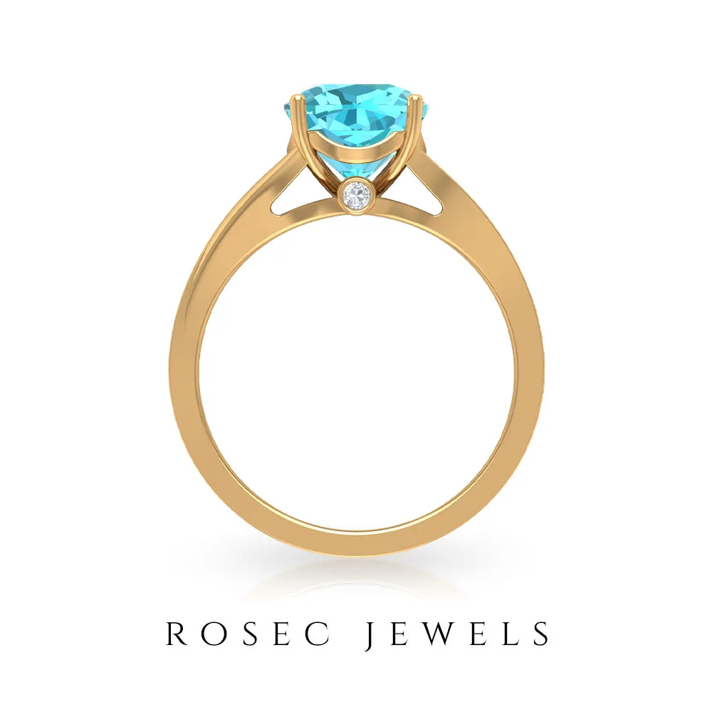 Cushion Cut Swiss Blue Topaz Solitaire Ring with Diamond Accent