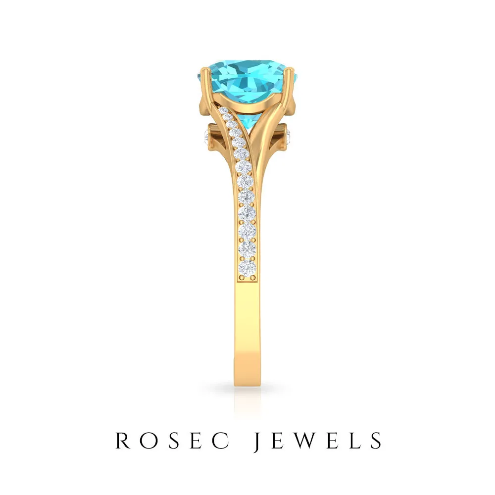 Cushion Cut Swiss Blue Topaz Solitaire Ring with Diamond Accent