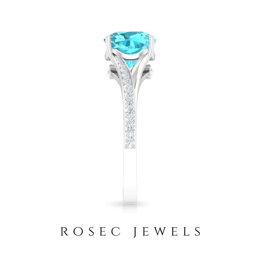 Cushion Cut Swiss Blue Topaz Solitaire Ring with Diamond Accent