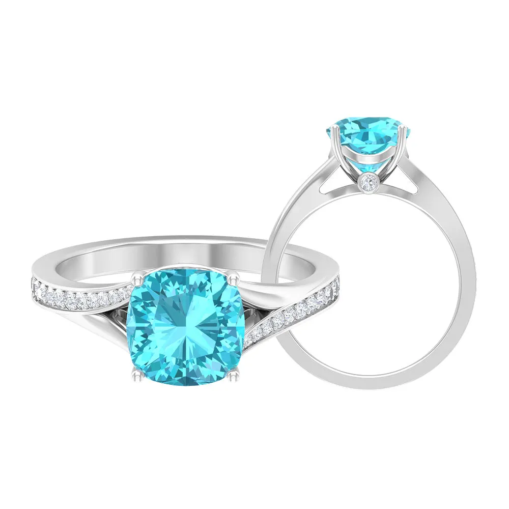 Cushion Cut Swiss Blue Topaz Solitaire Ring with Diamond Accent