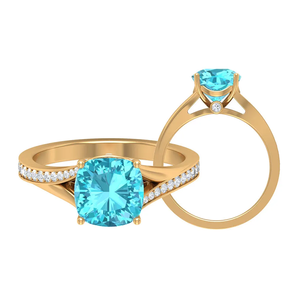 Cushion Cut Swiss Blue Topaz Solitaire Ring with Diamond Accent