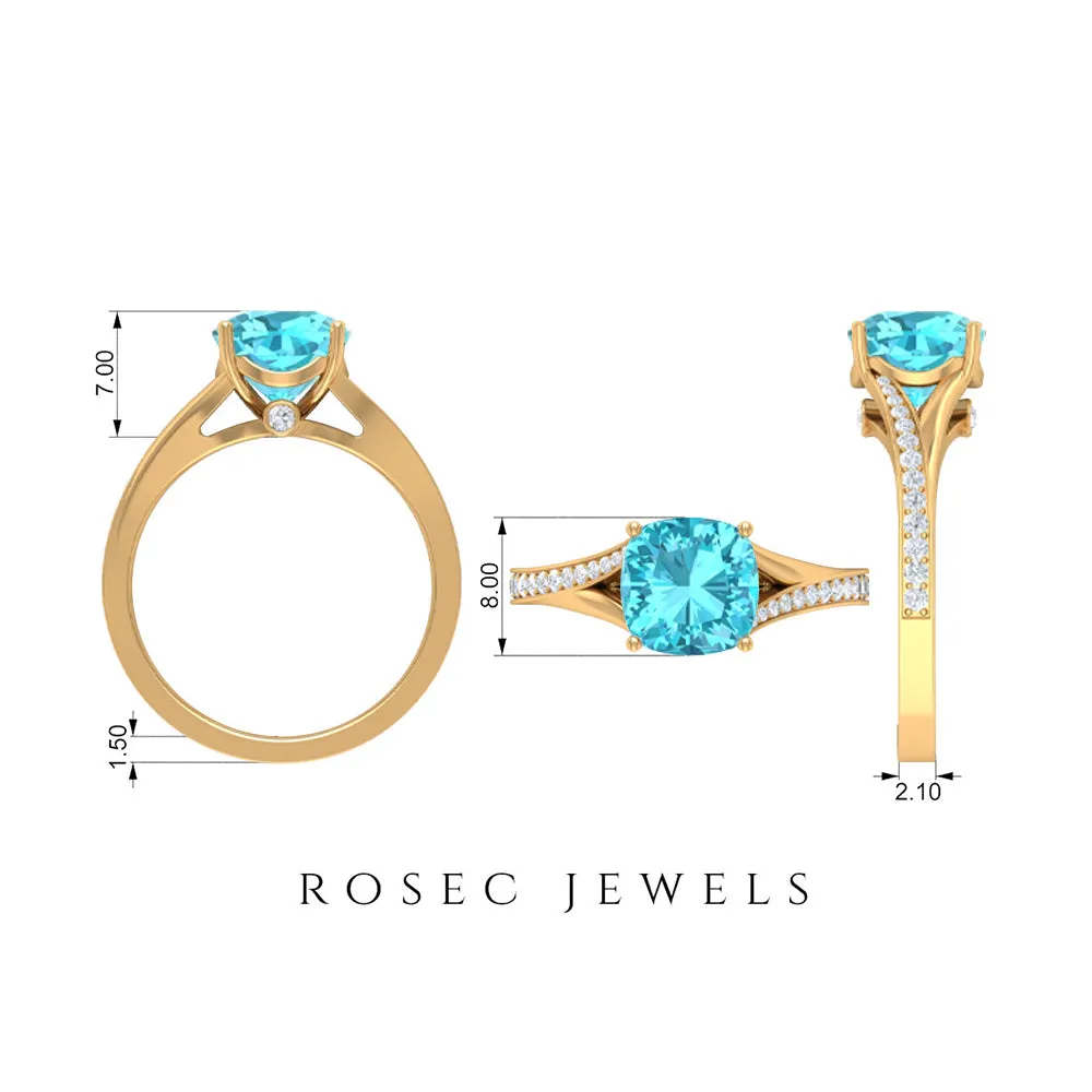 Cushion Cut Swiss Blue Topaz Solitaire Ring with Diamond Accent