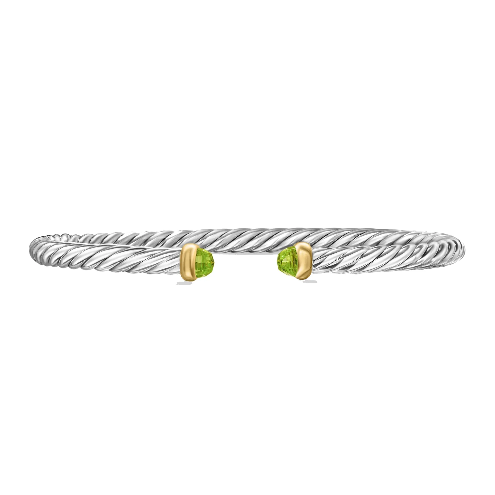David Yurman Cable Flex Sterling Silver with 14K Yellow Gold and Peridot 4mm Cuff Bracelet - Medium