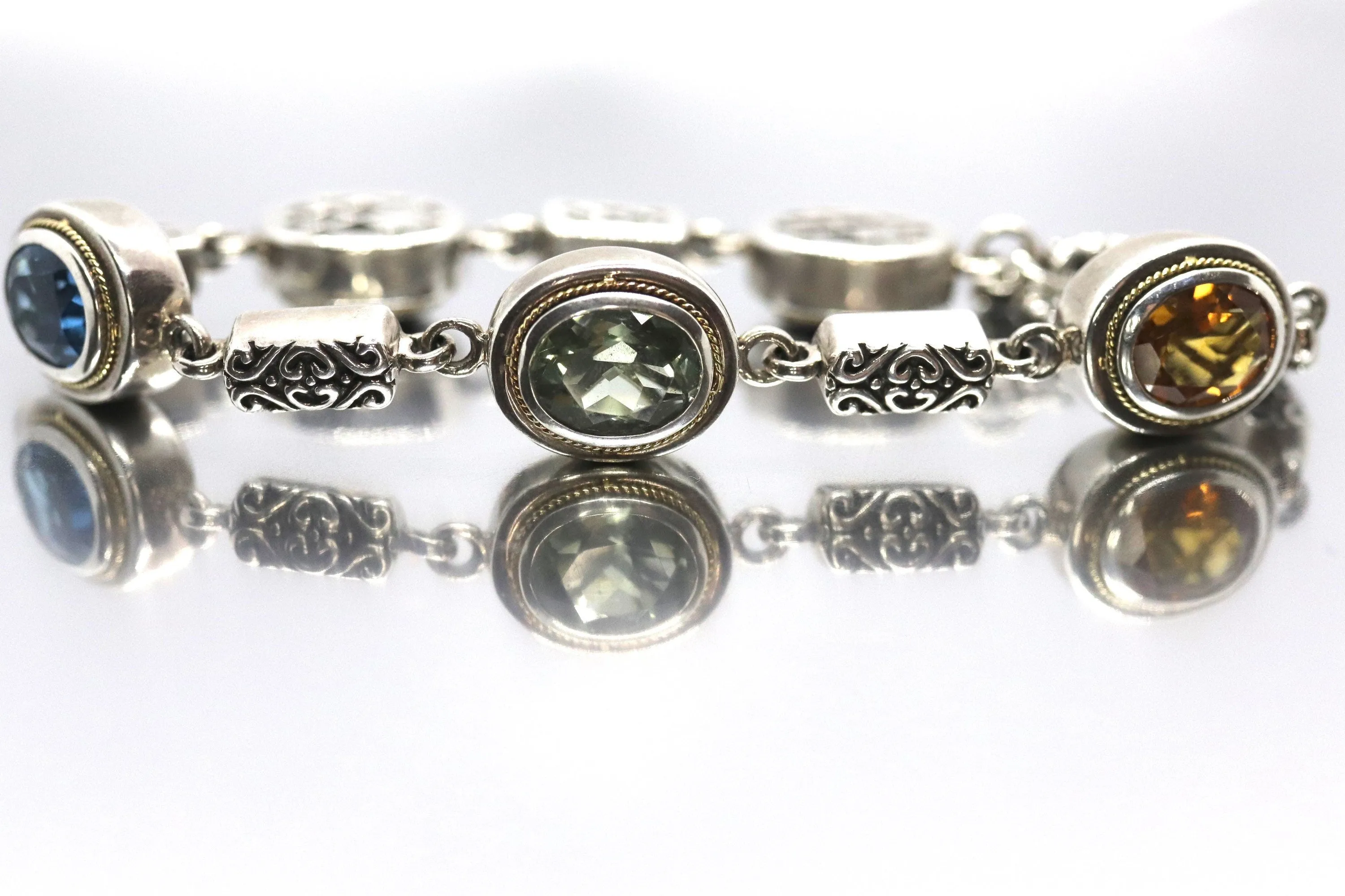 EFFY BH Bracelet. 18k Sterling Silver MULTI-Gemstone Byzantine Bracelet. (466)