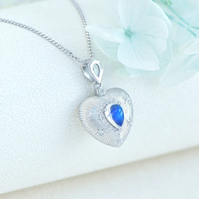 Elegant Ladies Blue Moonstone Pendant Necklace Heart Silver Locket Necklace For Women