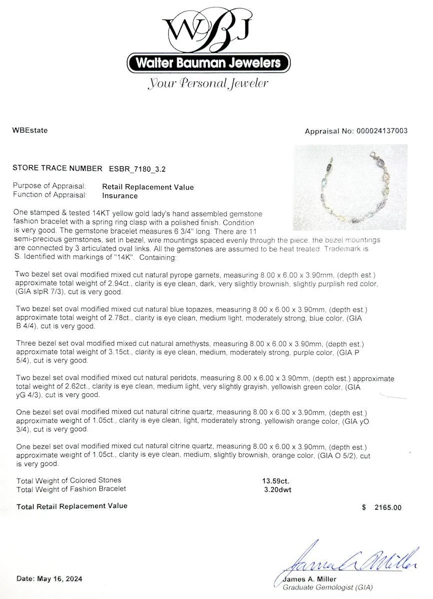 Estate 14K Y Gold 13.59ctw Multi-Gemstone Bracelet