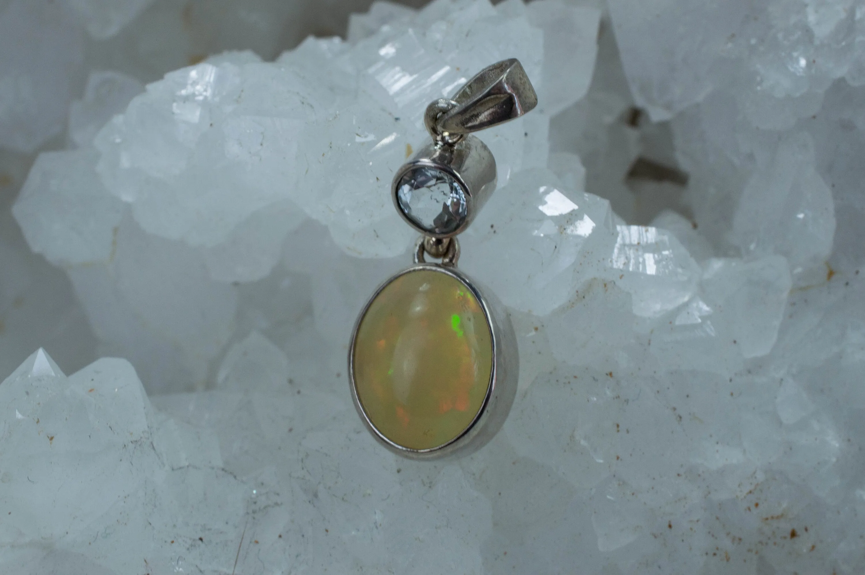 Ethiopian Opal and Topaz Pendant, Natural Untreated Welo Opal and Brazil Topaz