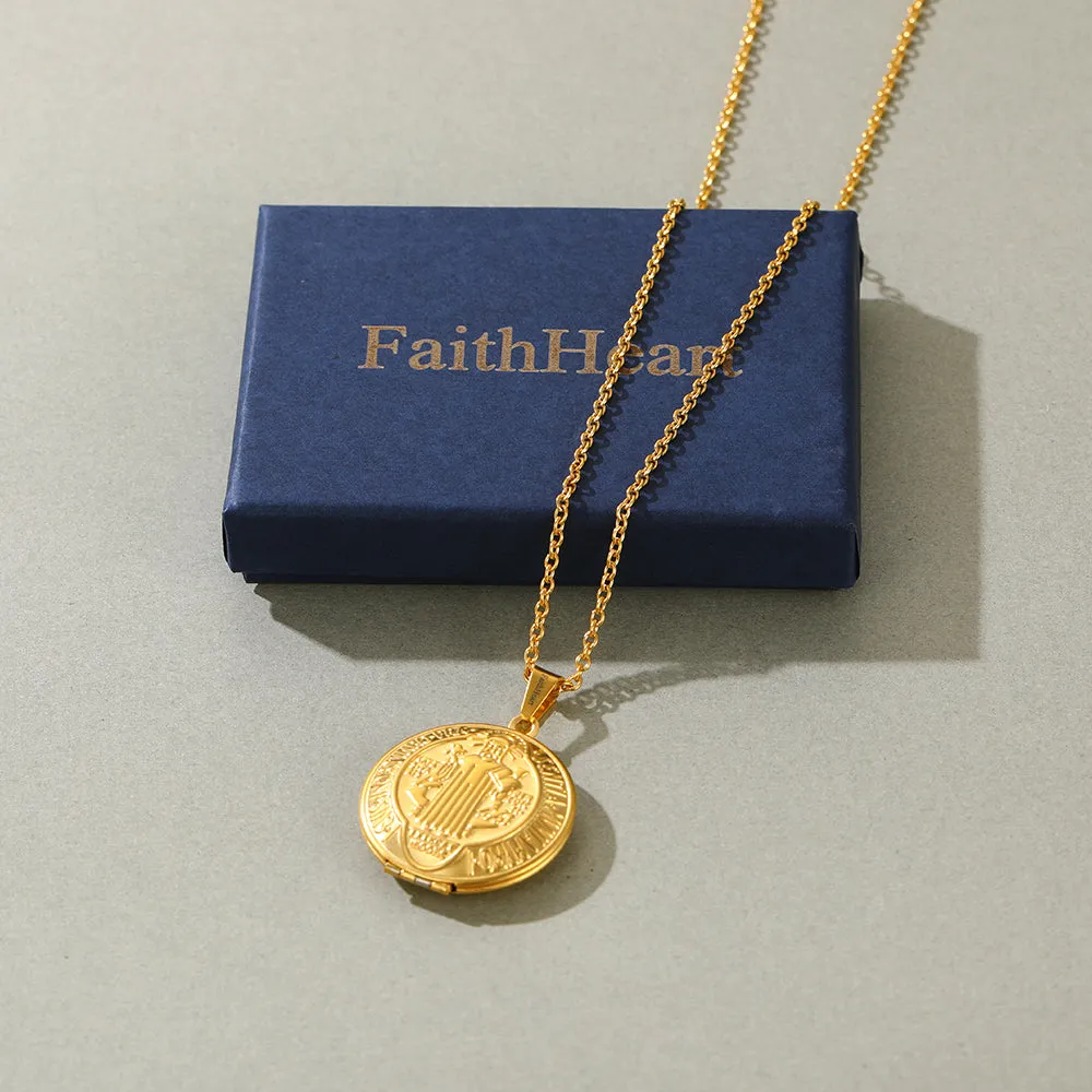FaithHeart Custom Engraving Saint Benedict of Nursia Pendant Locket Necklace