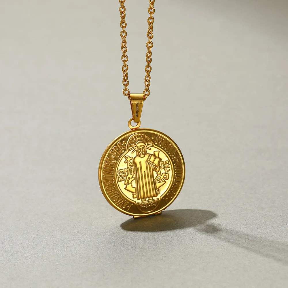 FaithHeart Custom Engraving Saint Benedict of Nursia Pendant Locket Necklace