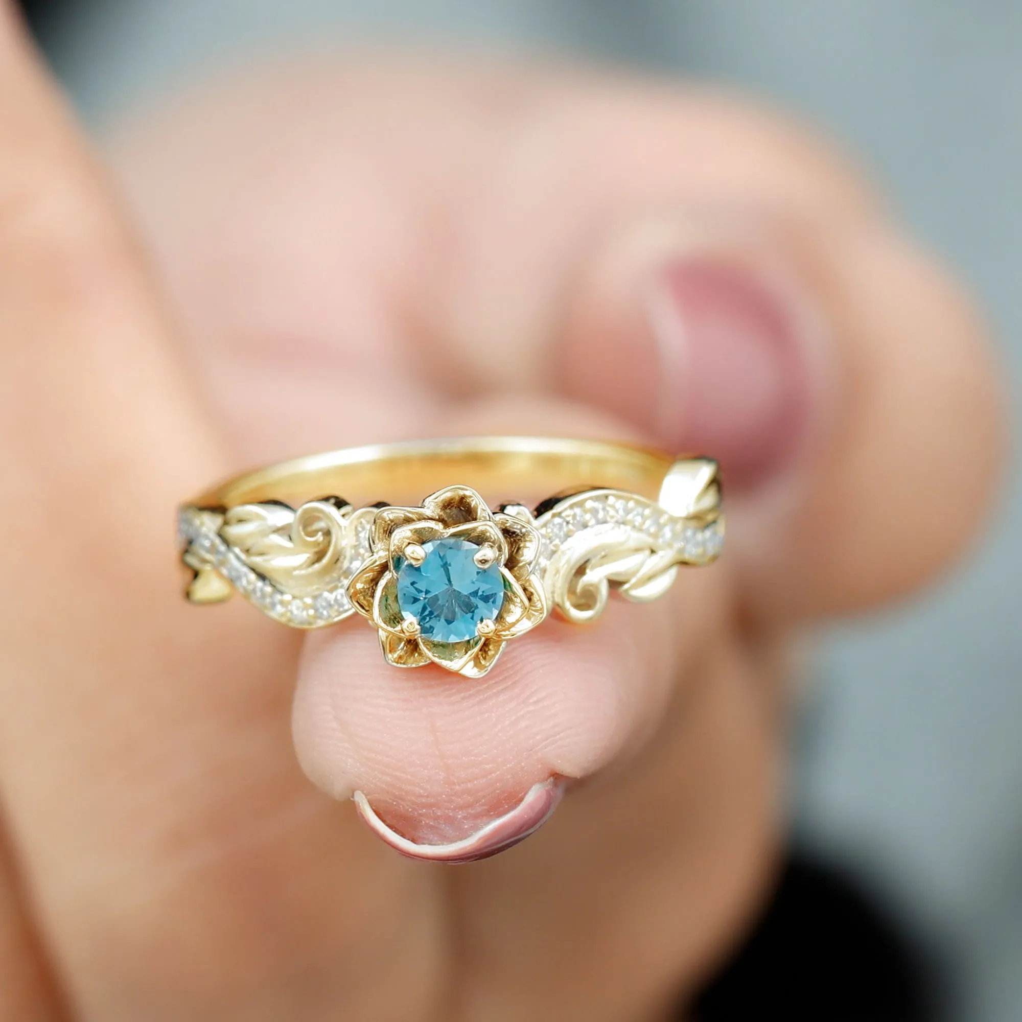 Flower Inspired London Blue Topaz and Diamond Engagement Ring