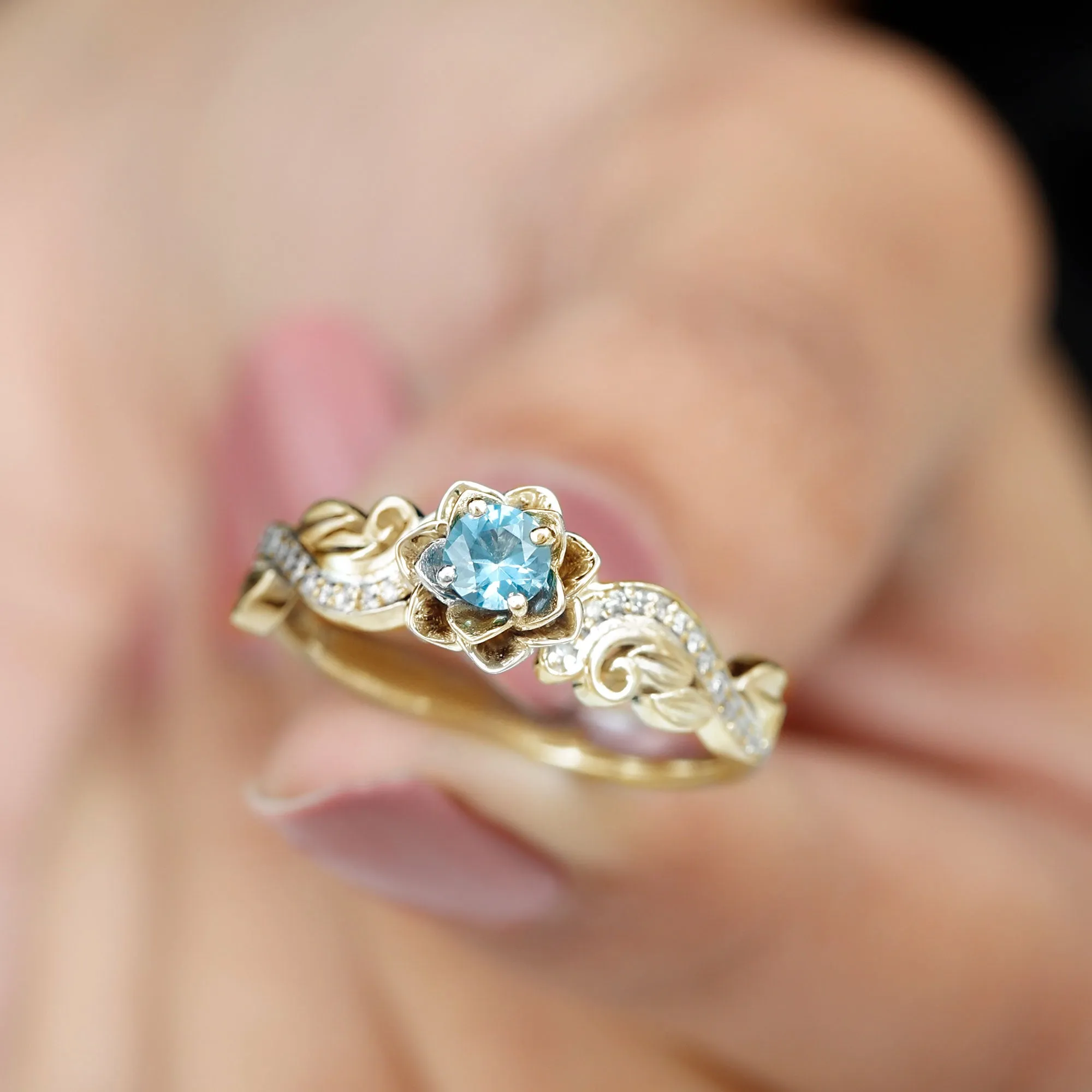 Flower Inspired London Blue Topaz and Diamond Engagement Ring