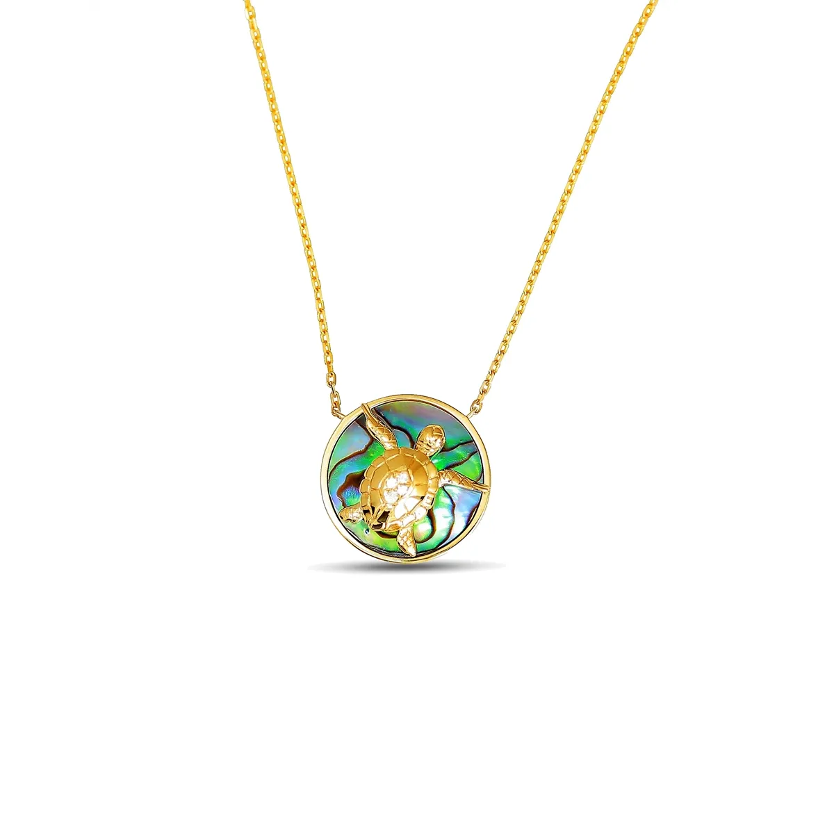 Frederic Sage 14K Yellow Gold Abalone and Diamond Turtle Pendant Necklace