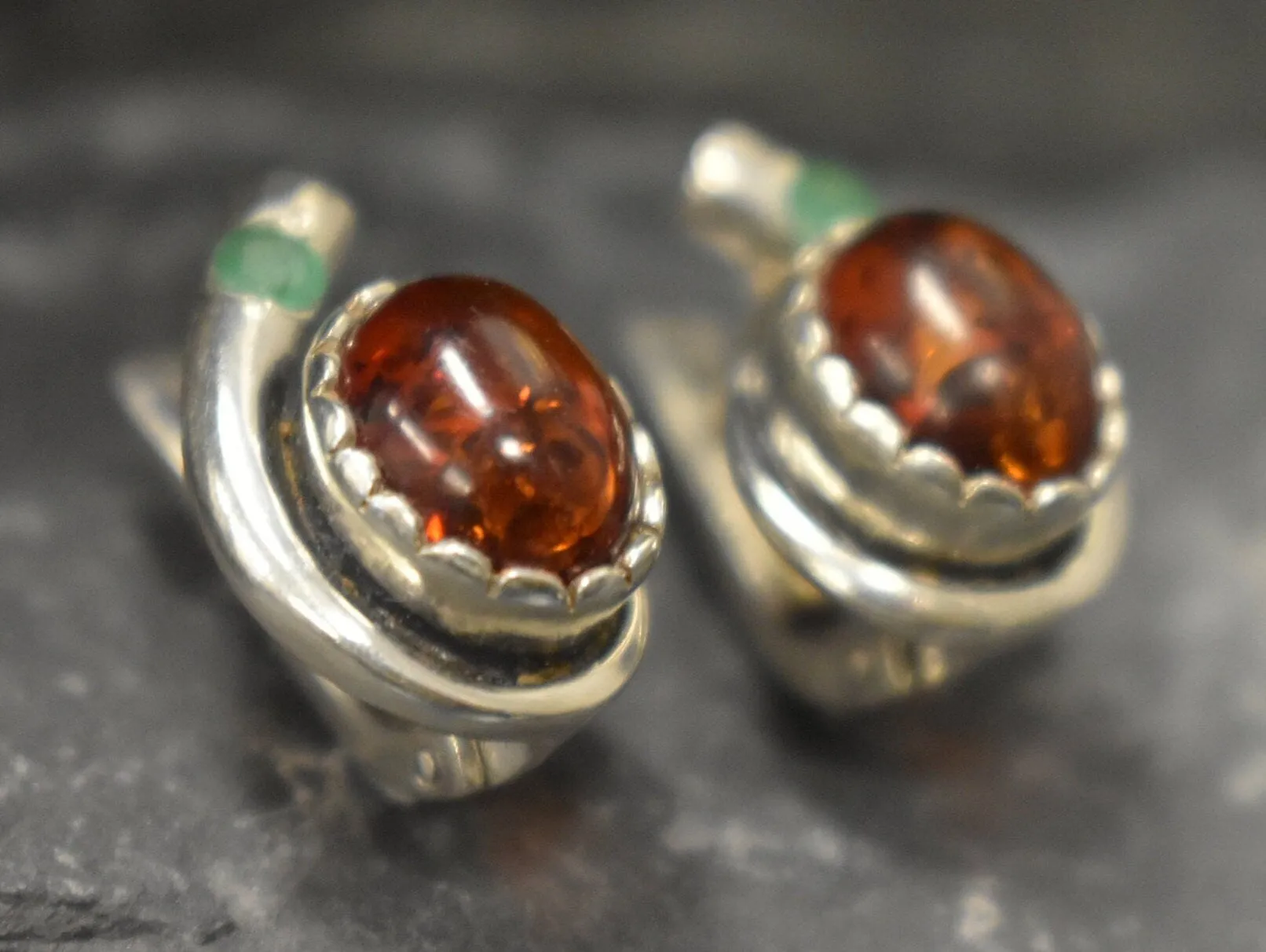 Genuine Amber Earrings - Yellow Orange Studs - Amber Emerald Earrings