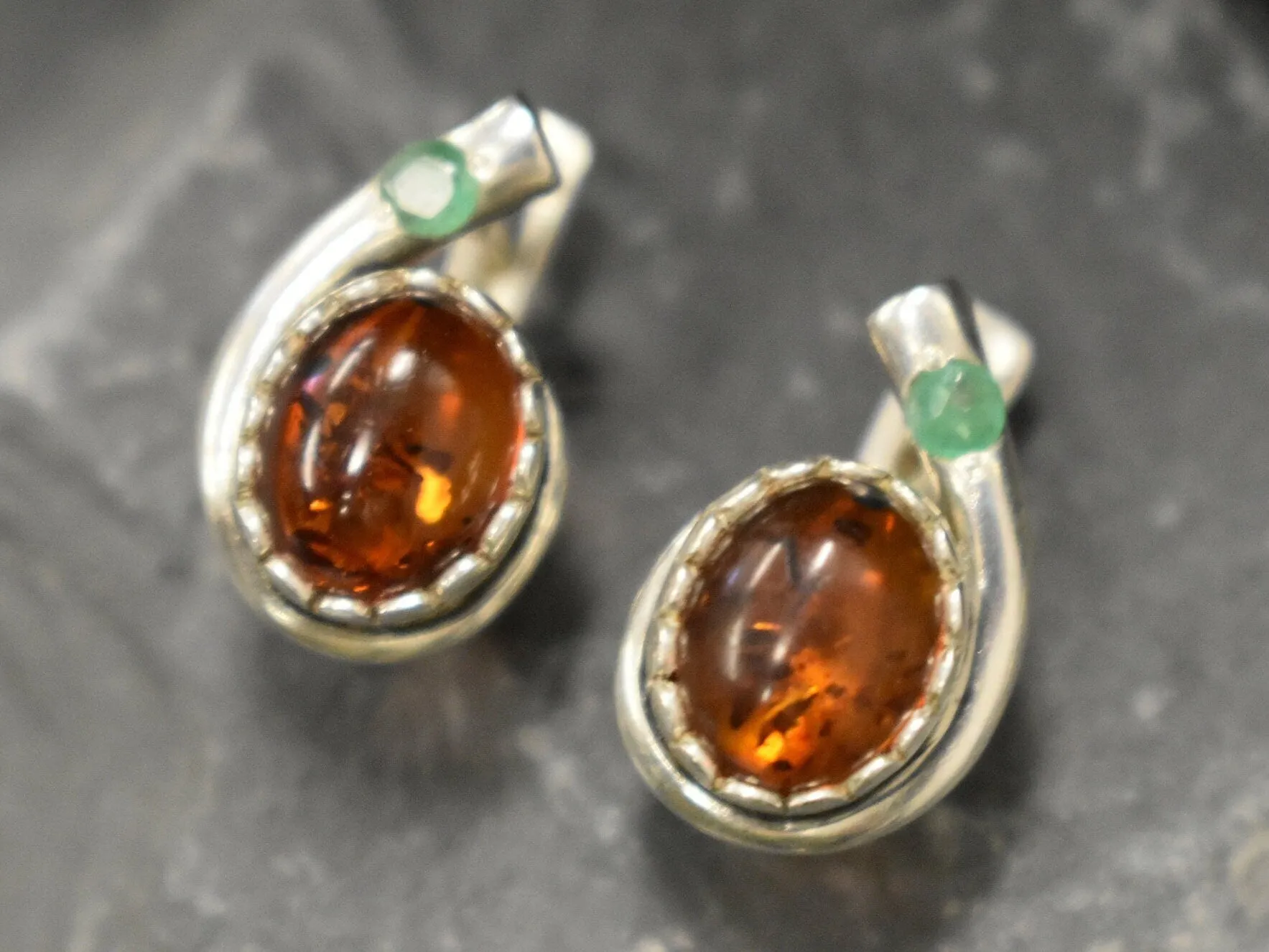 Genuine Amber Earrings - Yellow Orange Studs - Amber Emerald Earrings