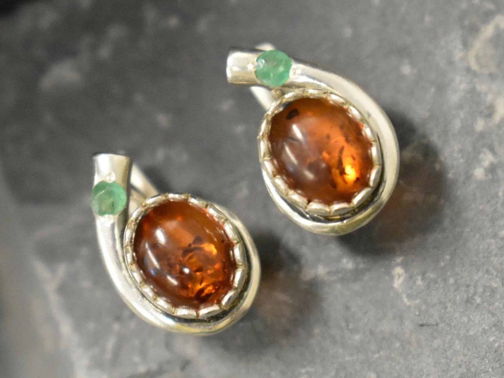 Genuine Amber Earrings - Yellow Orange Studs - Amber Emerald Earrings