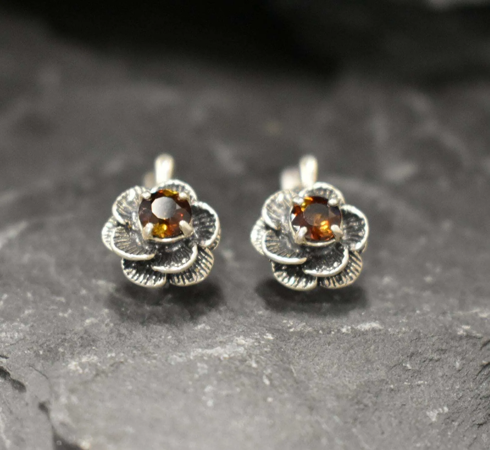 Genuine Yellow Tourmaline Earrings - Yellow Flower Studs - Vintage Rose Earrings