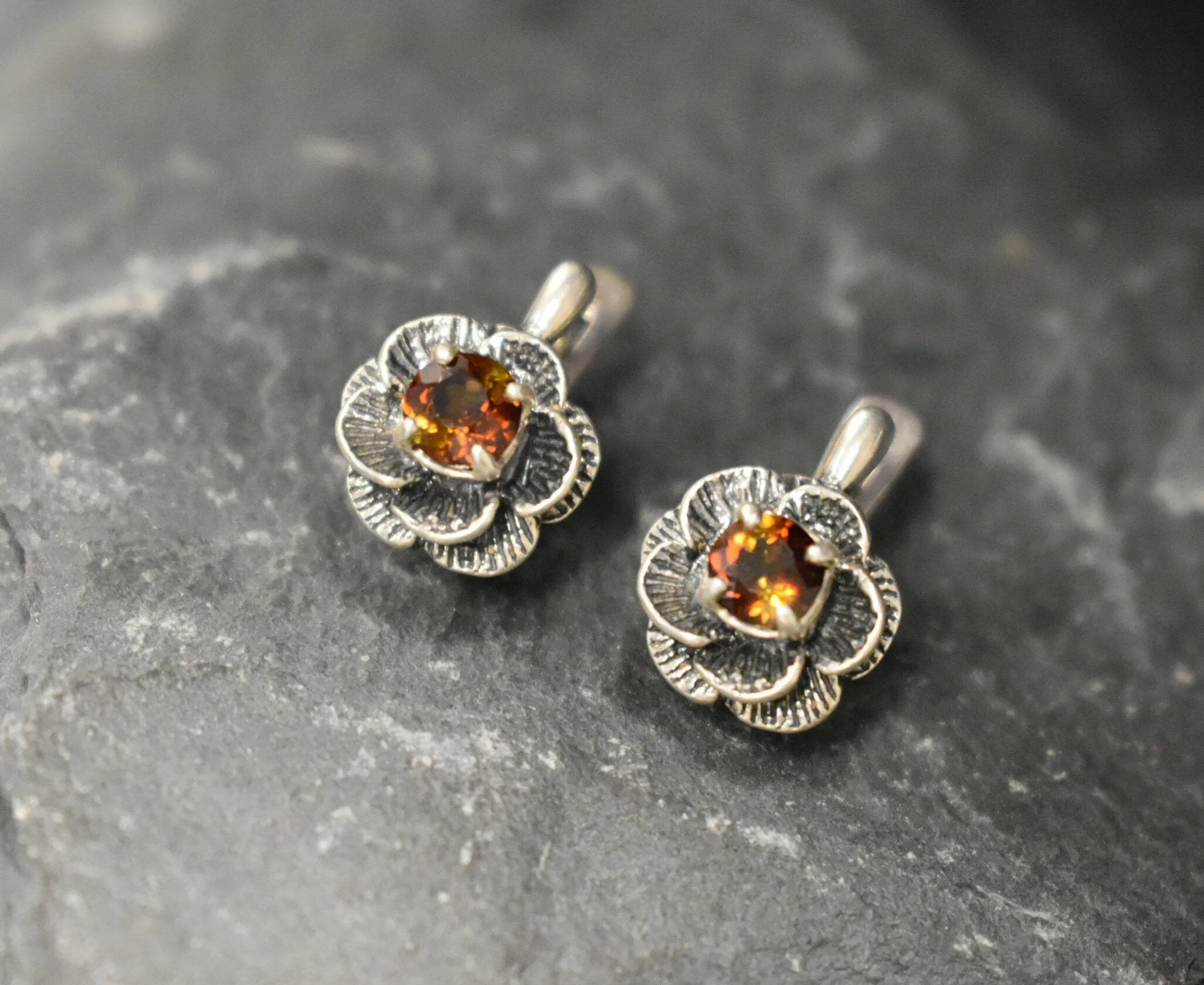 Genuine Yellow Tourmaline Earrings - Yellow Flower Studs - Vintage Rose Earrings