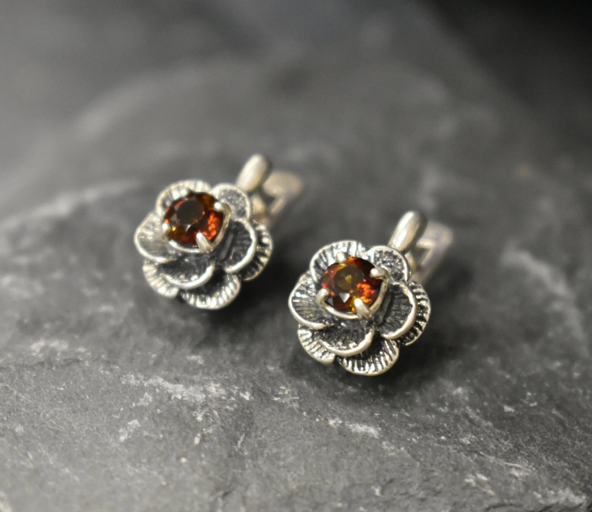 Genuine Yellow Tourmaline Earrings - Yellow Flower Studs - Vintage Rose Earrings