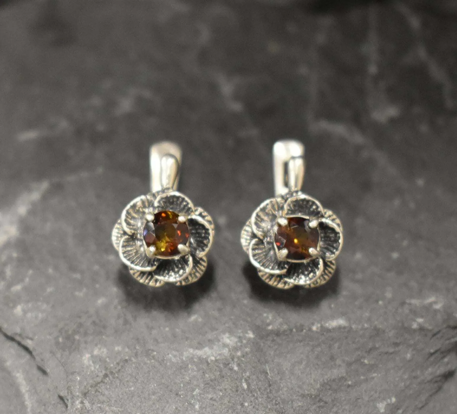 Genuine Yellow Tourmaline Earrings - Yellow Flower Studs - Vintage Rose Earrings