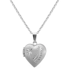Girl's 15 In Silver Engraved Star and Fern Leaf Heart Locket Necklace