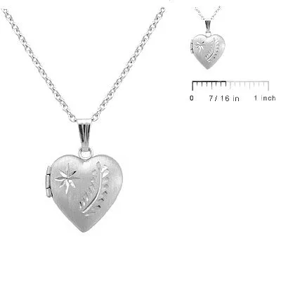 Girl's 15 In Silver Engraved Star and Fern Leaf Heart Locket Necklace