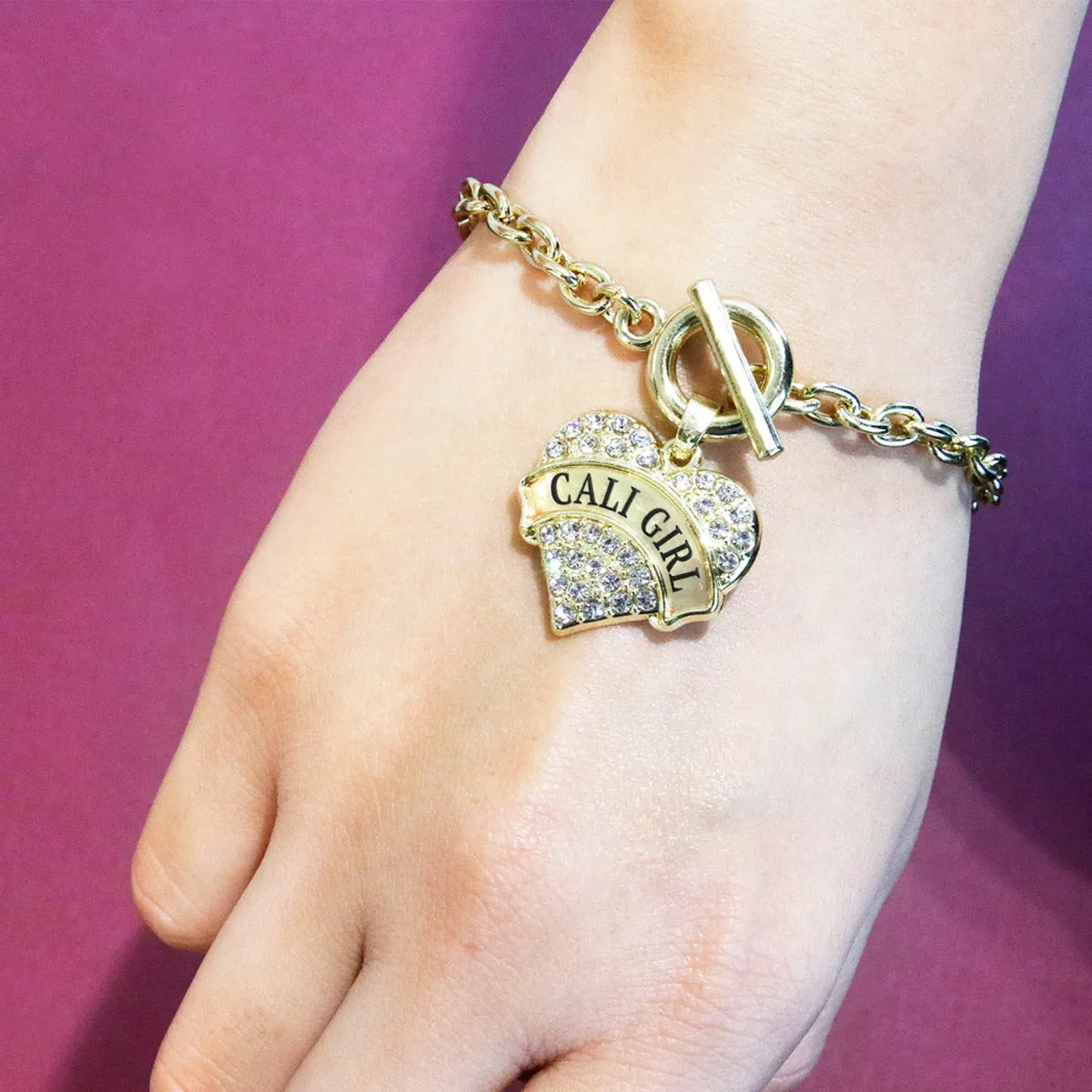 Gold Cali Girl Pave Heart Charm Toggle Bracelet