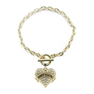 Gold Horse Racing Pave Heart Charm Toggle Bracelet